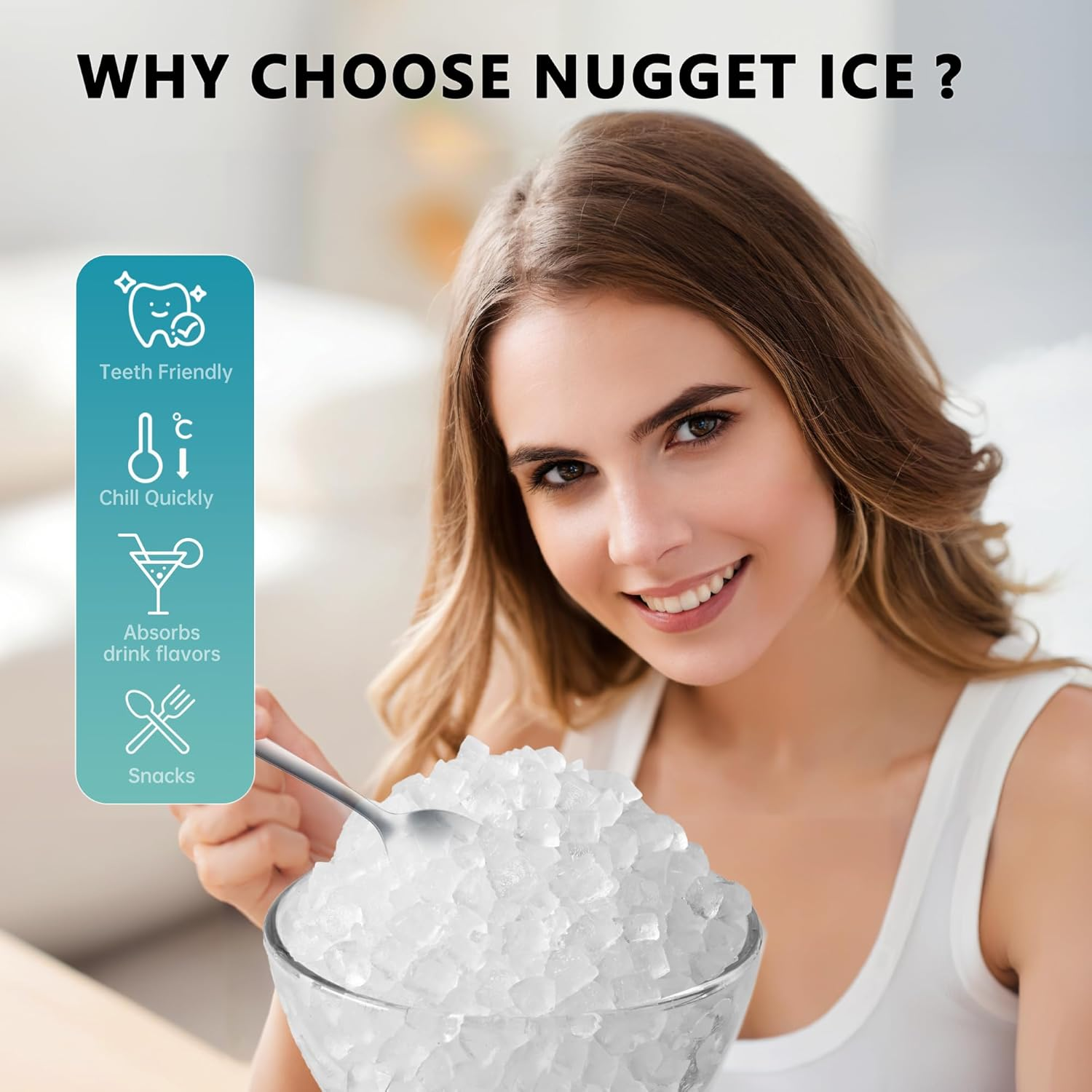 Countertop Nugget Ice Maker with Carry Handle, Ready in 6 Mins, 34lbs Per Day, Removable Top Cover & Auto‑Cleaning, Portable Sonic Ice Maker with Basket and Scoop for Home Party RV Camping