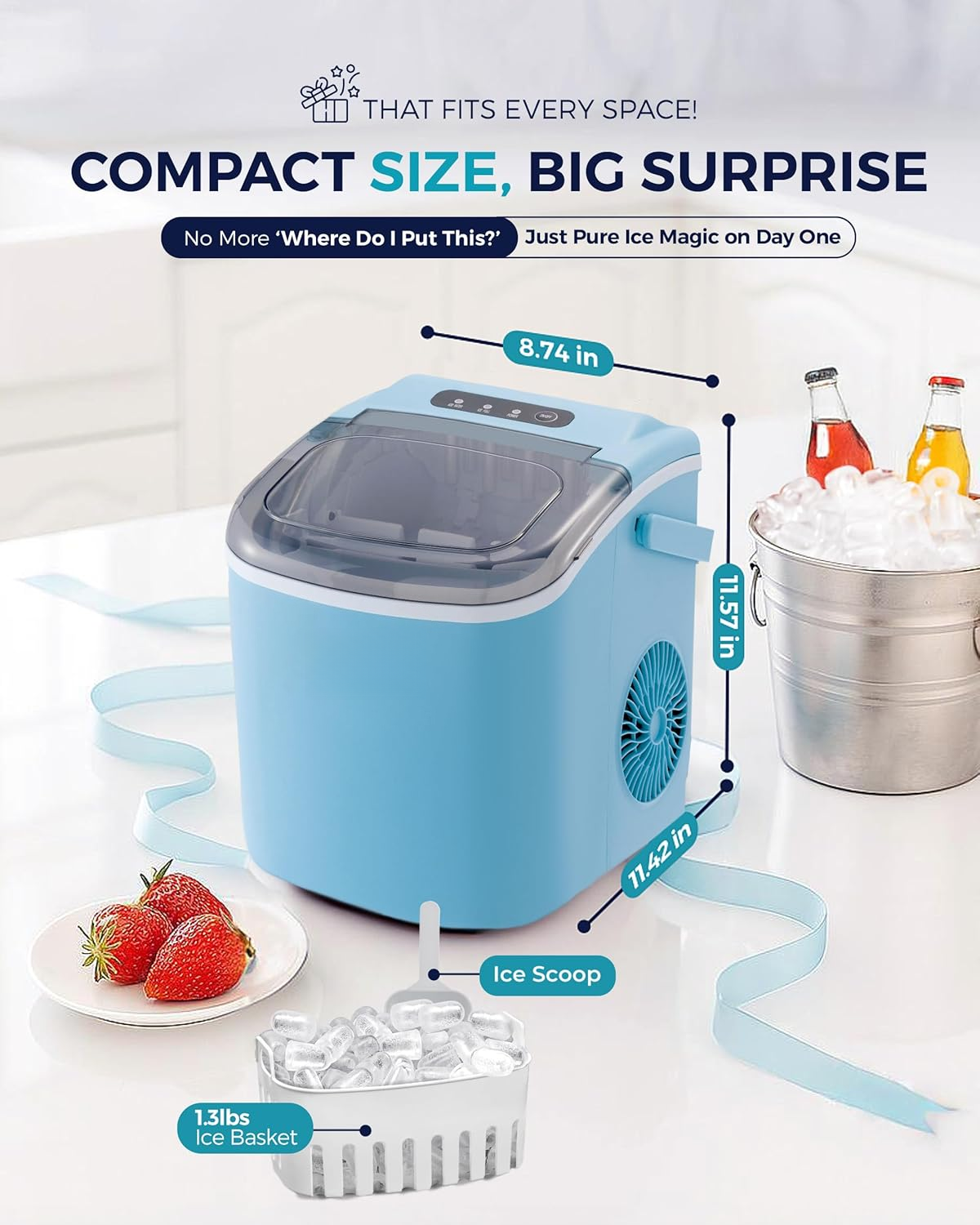 Countertop Ice Maker Machine with Carry Handle, 26lbs/24Hrs Production, 9 Ice Cubes Ready in 6 Mins, Auto‑Cleaning Portable Ice Maker with Basket and Scoop for Home Kitchen Camping RV