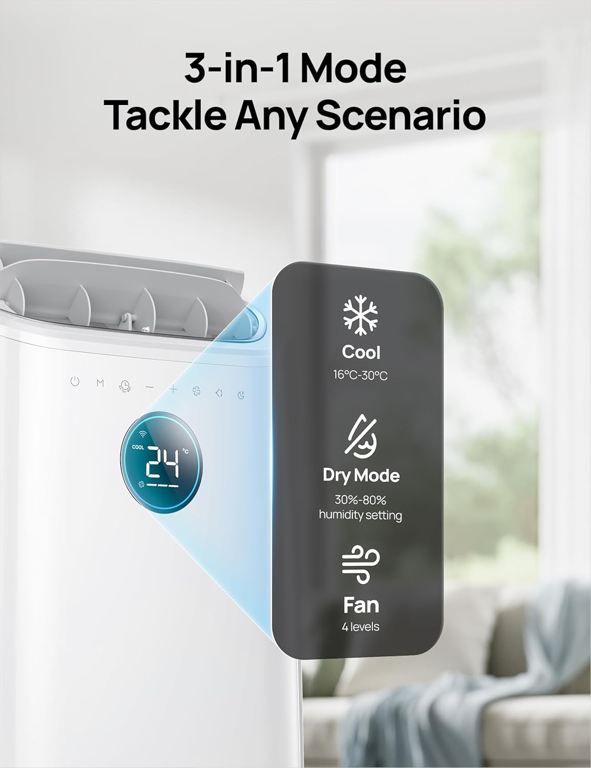 12,000 BTU Smart 3-in-1 Portable Air Conditioner — Drainage-Free, App & Voice Control, 24hr Timer, Cooling, Fan & Dehumidifier
