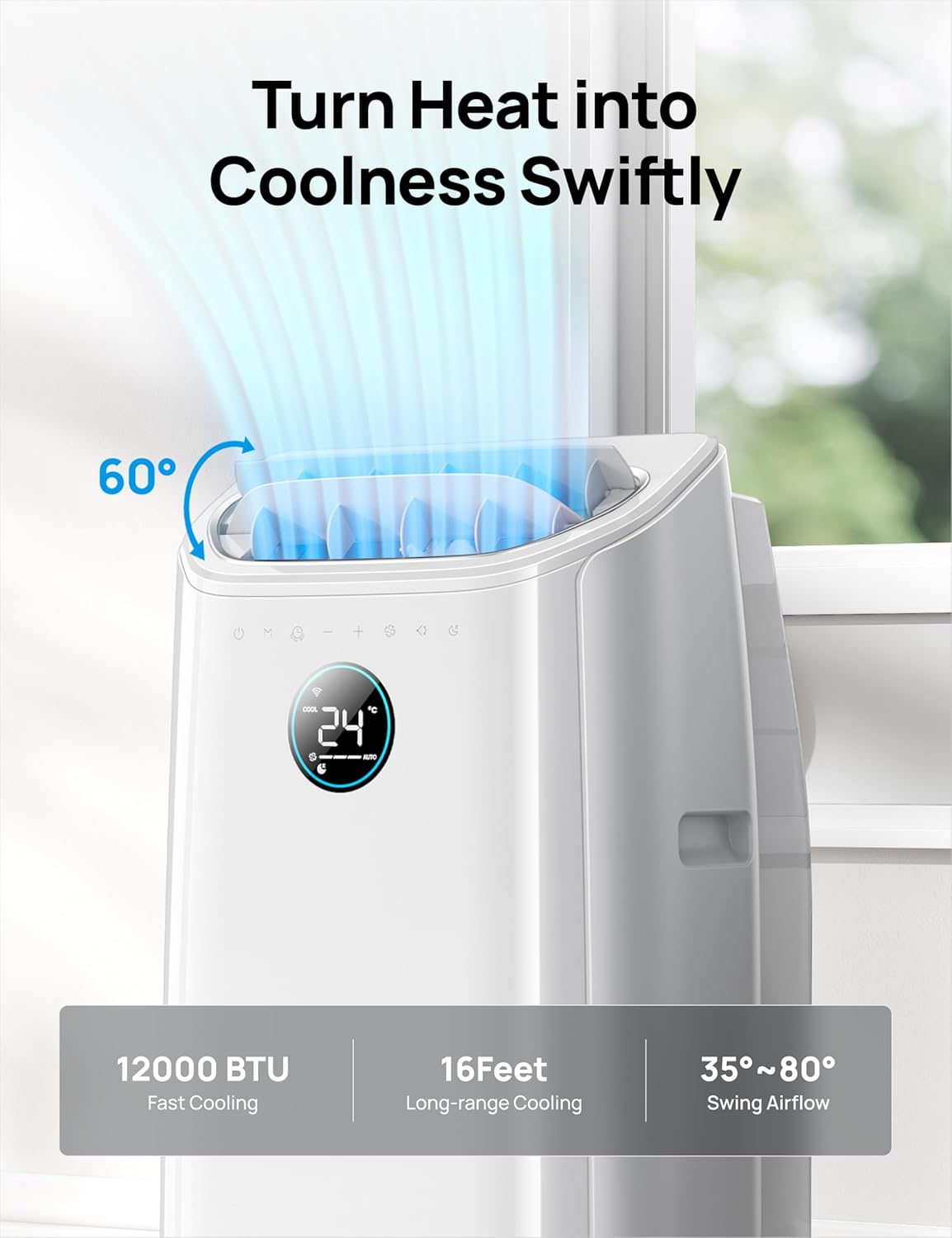 12,000 BTU Smart 3-in-1 Portable Air Conditioner — Drainage-Free, App & Voice Control, 24hr Timer, Cooling, Fan & Dehumidifier
