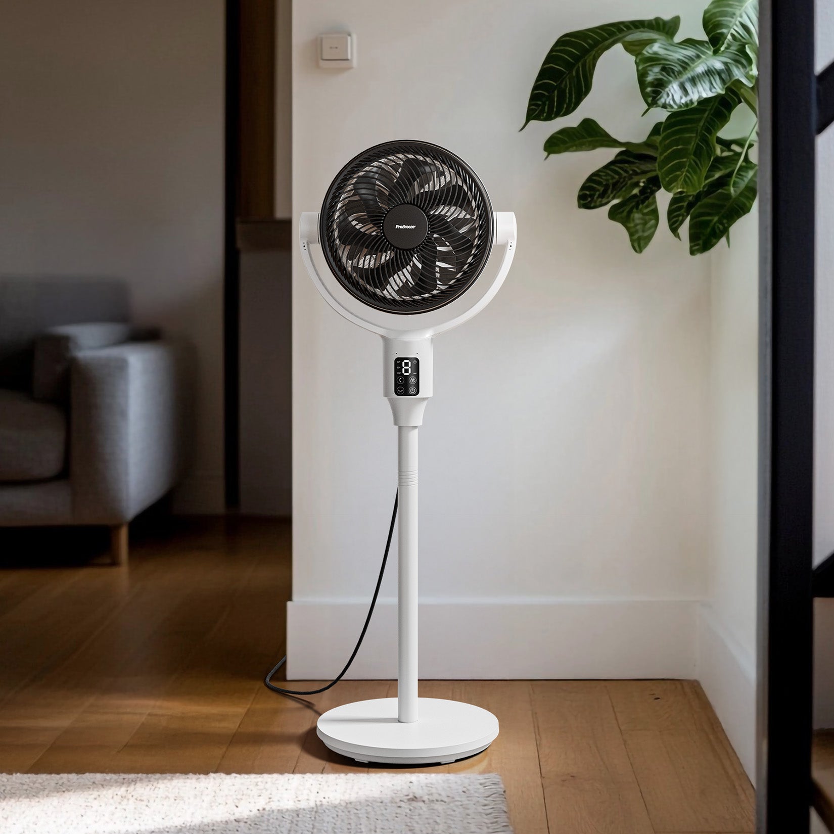 AirFlo Plus™ 44" Smart Hybrid Pedestal Fan - Ultra-Quiet Air Circulator - White/Black